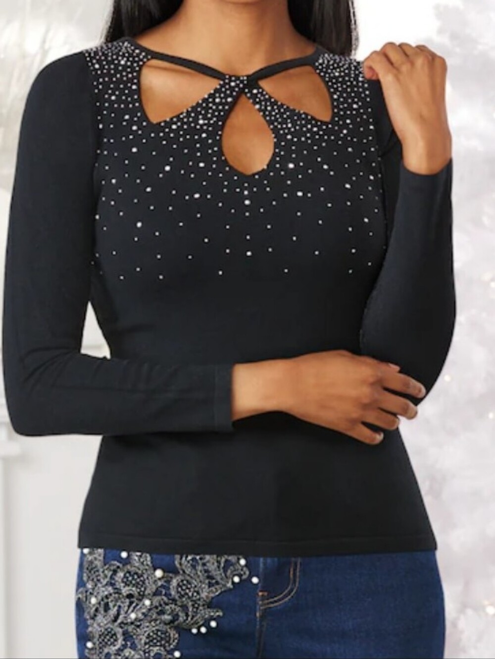 Oliver By Escio Black Lightweight Keyhole Cut-Outs Embellished Sweater Size M